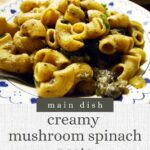 Pinterest image with spinach and mushroom pasta with caption reading "creamy mushroom spinach pasta"