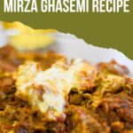 Pinterest image with a photo of mirza ghasemi and a caption reading "Persian food. Mirza ghasemi recipe".