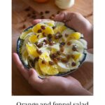 Pinterest image with a photo of the fennel and orange salad and a caption reading "Orange and fennel salad. Fresh winter salad with nuts and seeds. New on the blog lemonsandspices.com"